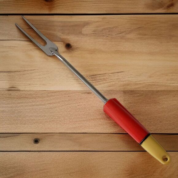 A&J Ecko Serving Fork Vintage Red Yellow Handle Stainless Steel USA Melamine - Picture 16 of 16